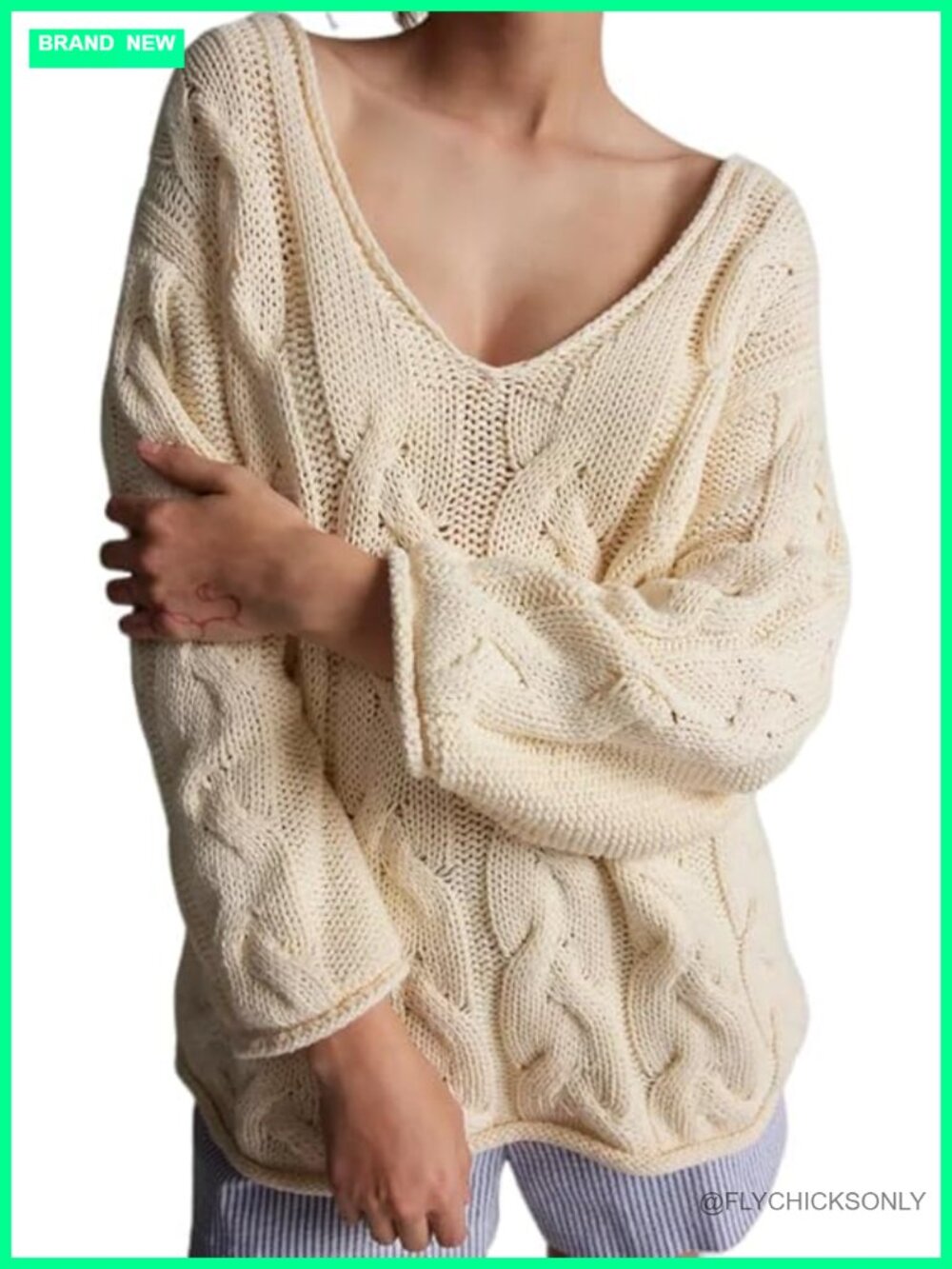 Oversized Cable Knit V-Neck Chunky Pullover Sweater Top